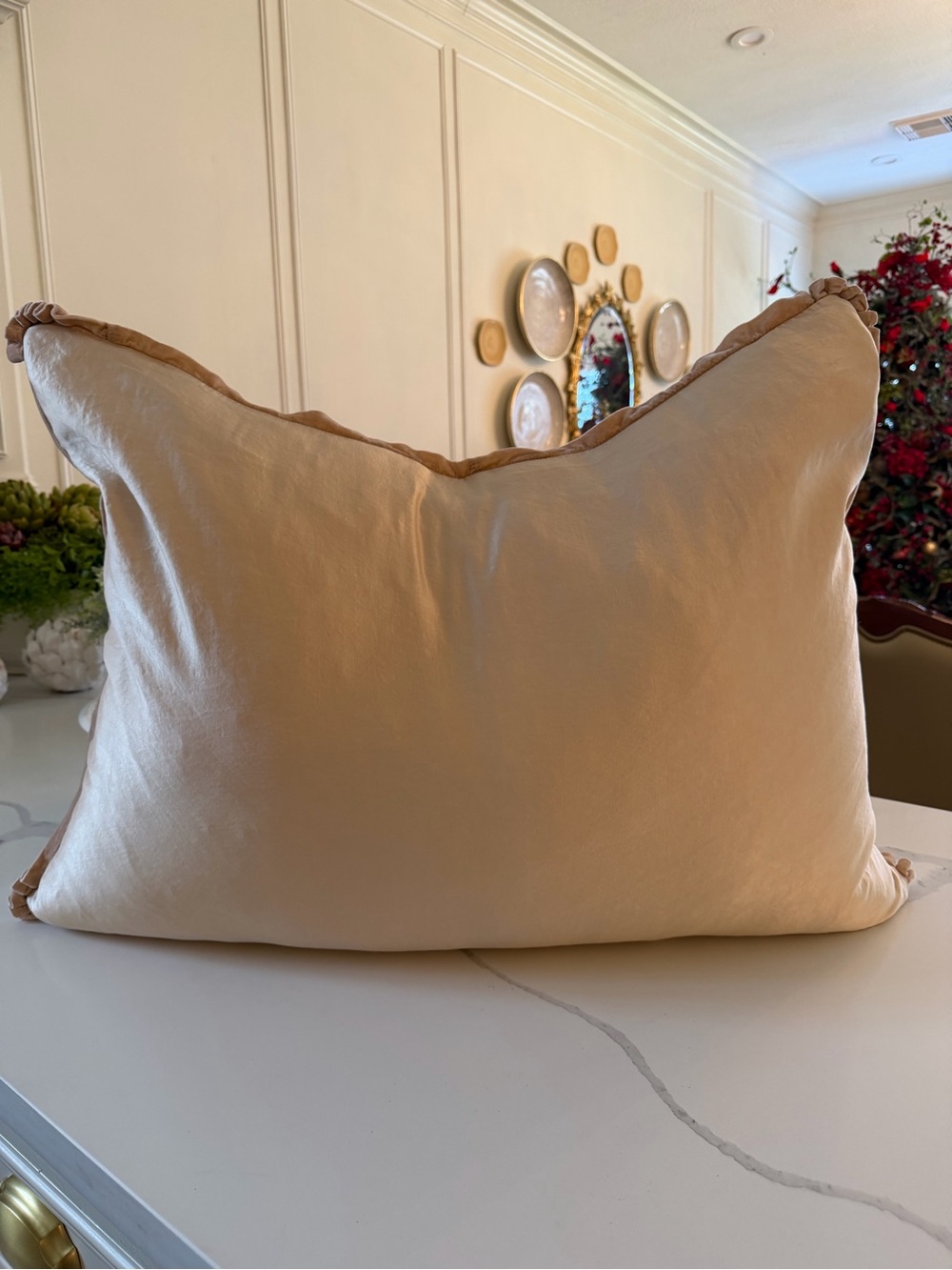 Bella Notte Silk/Velvet Royal Euro Pillow with Pleated Trim in  color “Pearl”